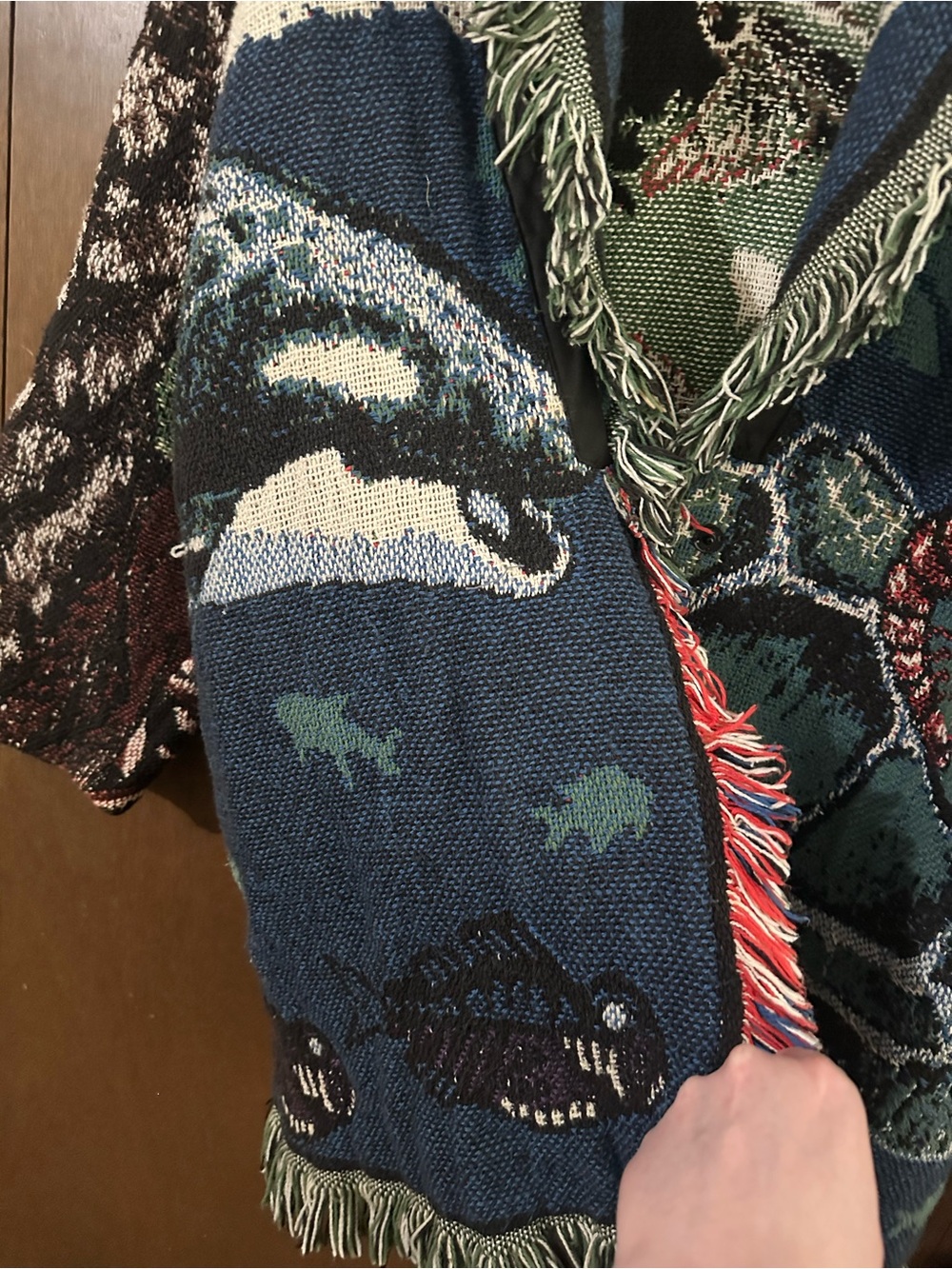 Handmade Fringed Boho Blanket Tapestry Knit Cardigan Blue & Green Animals Sz XL - Picture 4 of 16